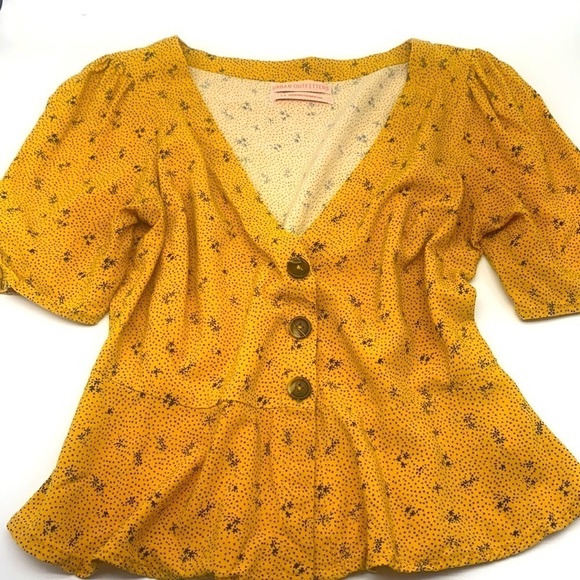 Urban Outfitters - Yellow Floral Puff Sleeve Button Up Top Size Small - Picture 1 of 9
